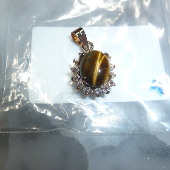 18K Gold Electroplate Tiger's Eye Swarovski Crystals Pendant - Picture 6 of 16